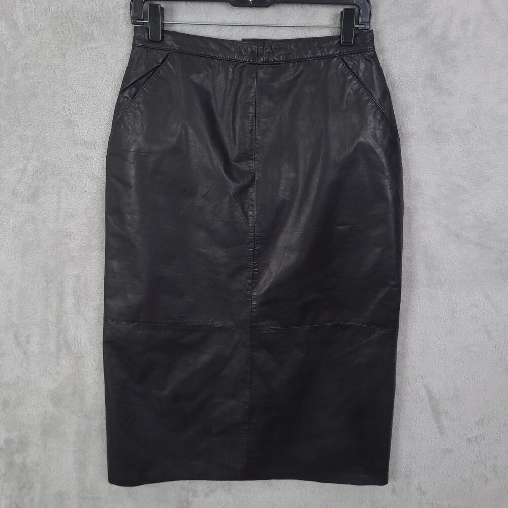 Unbranded Vintage Leather Comint Skirt Black 40 Modest Above Knee Vented Zip Y2K